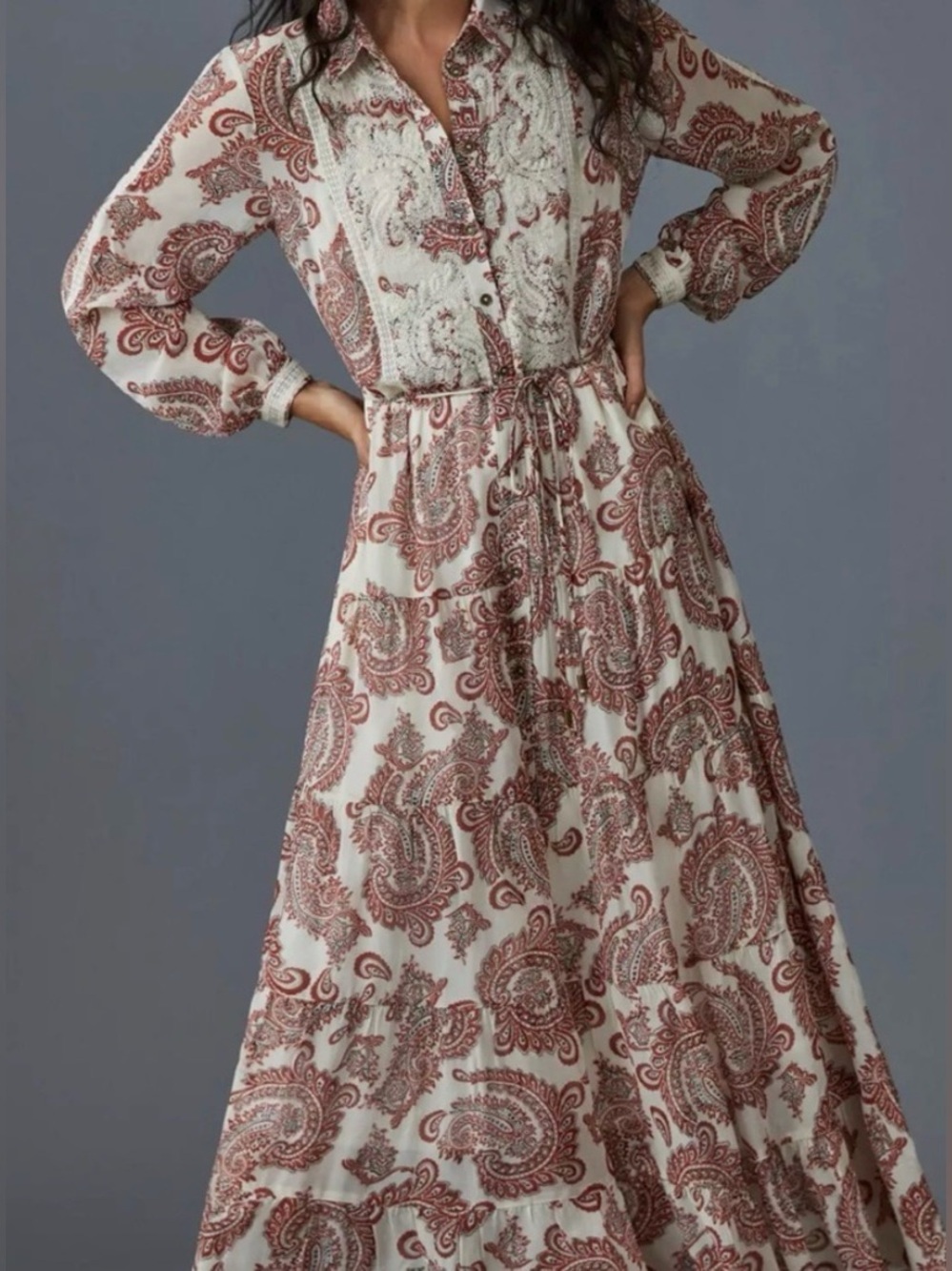 Anthropologie Allaire Embroidered Paisley Lace Bib Maxi Shirtdress Size M $228 - Picture 3 of 10